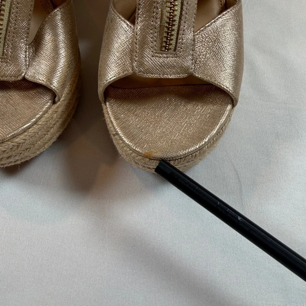 Michael Kors Gold Danita Metallic Leather Front Zip Espadrille Wedge Sandals 10M